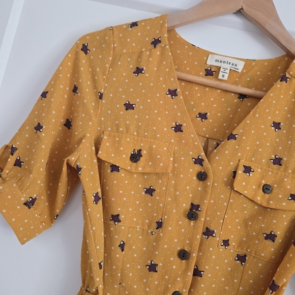 Monteau Los Angeles Mustard Yellow Fox Print Women's Small Dress - Picture 1 of 11